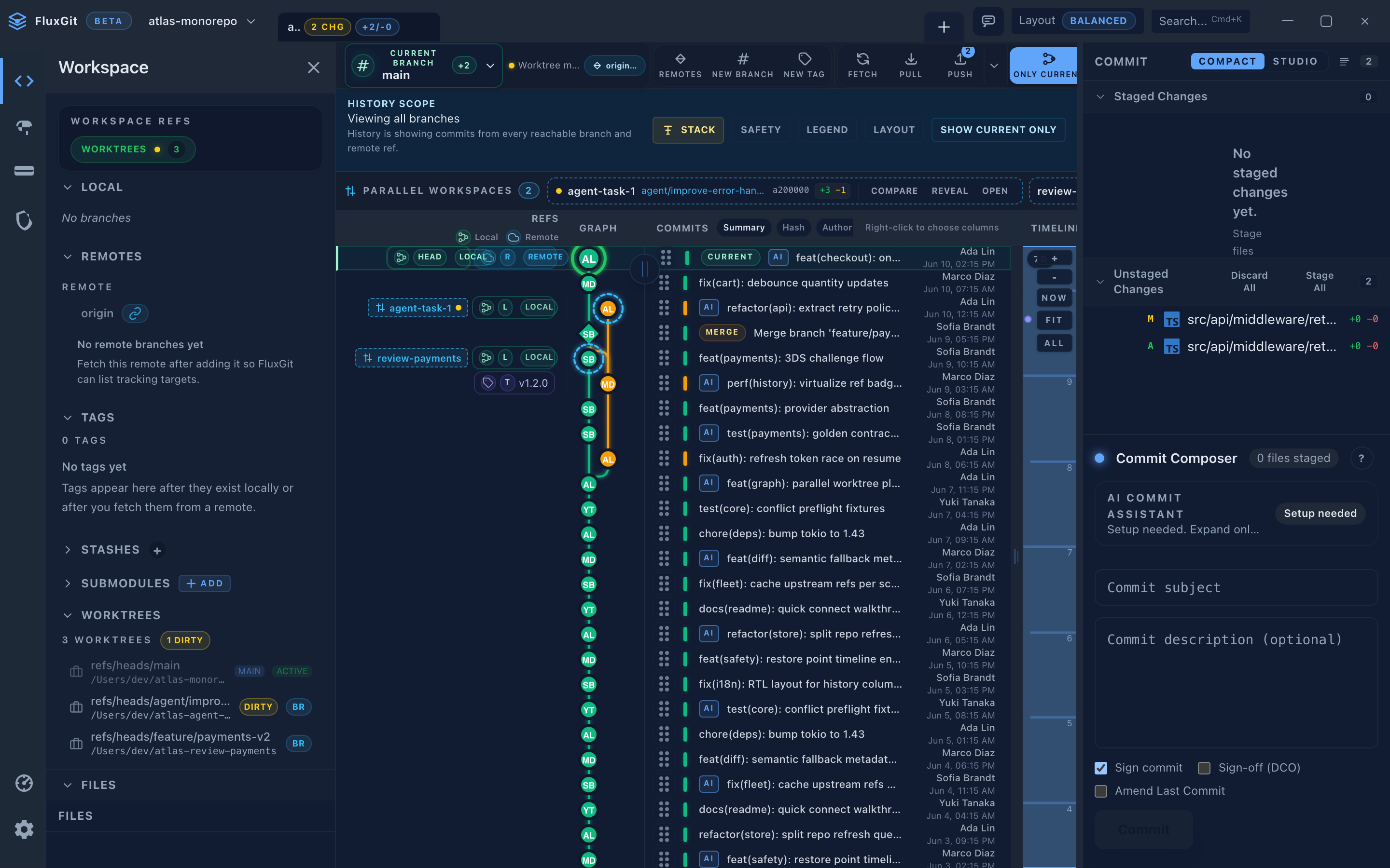 FluxGit cockpit: commit graph with parallel agent worktrees, AI provenance badges, staged changes and the commit composer