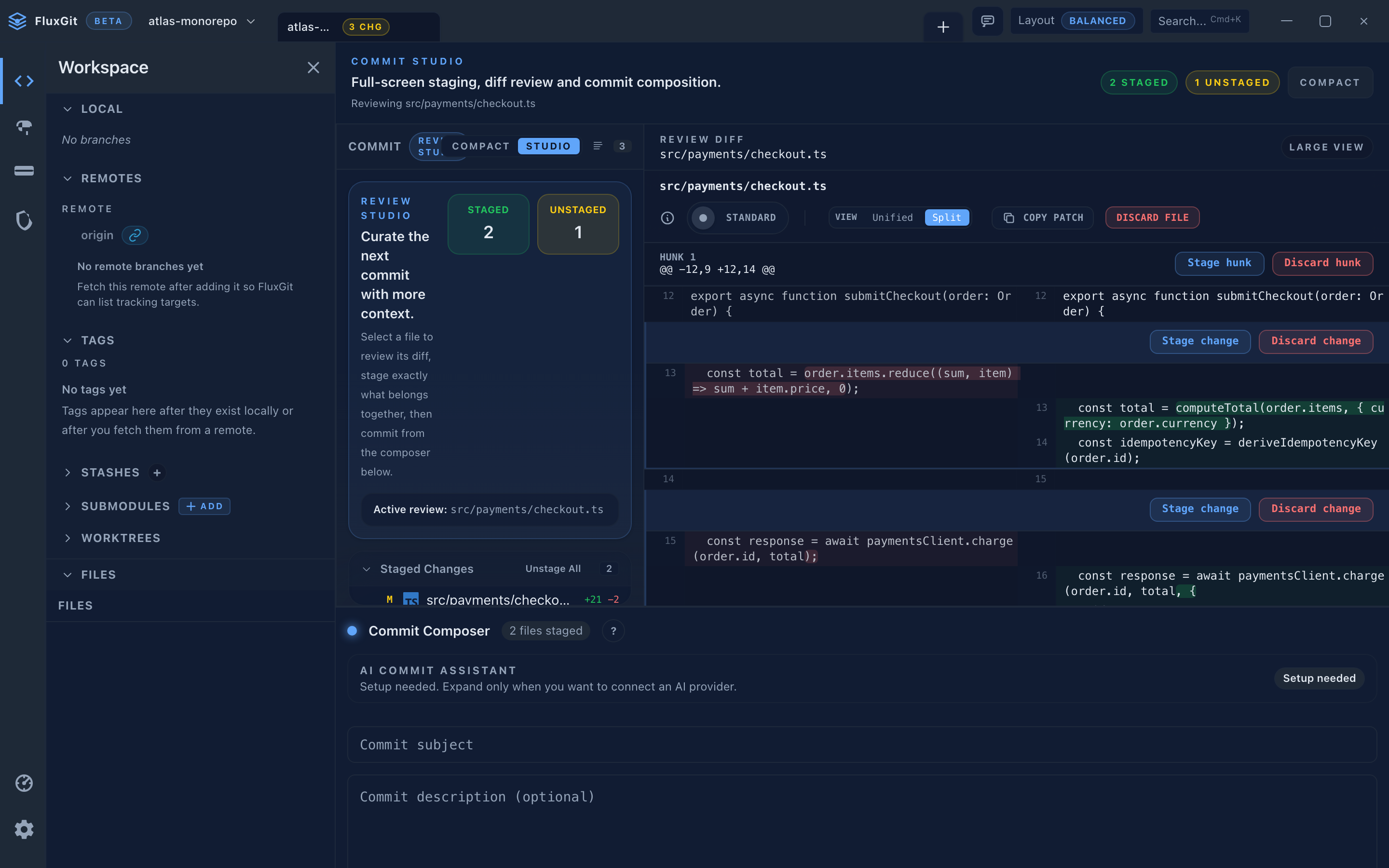 FluxGit Commit Studio staging and diff review with synthetic demo changes