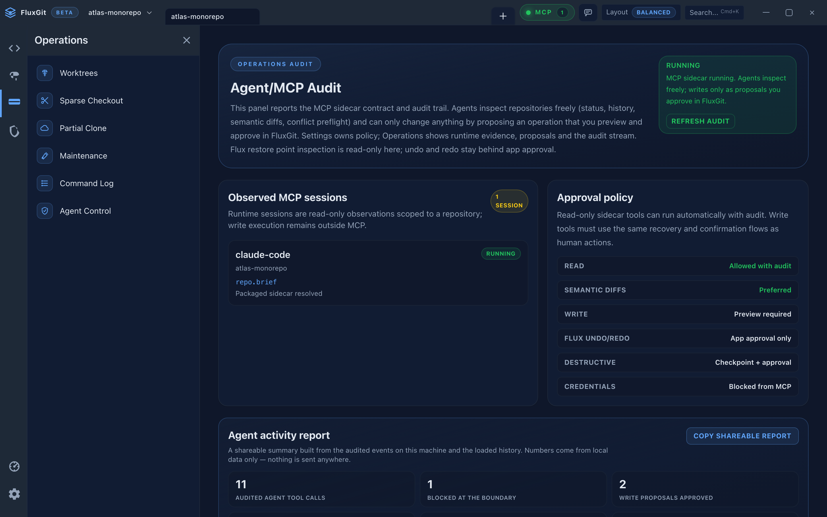 FluxGit MCP agent audit panel on synthetic demo data