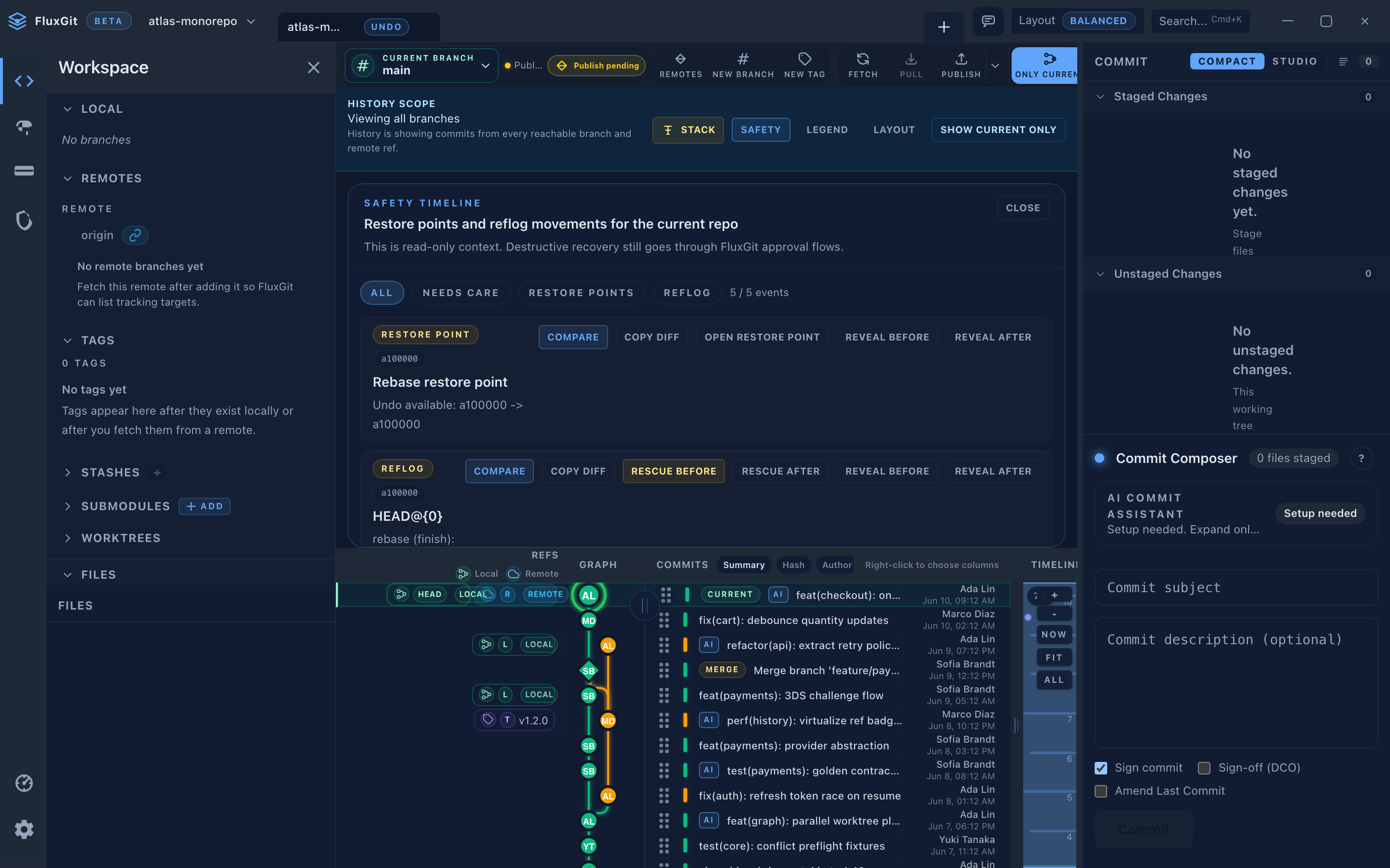 FluxGit Safety Timeline showing reflog movements and restore points on synthetic demo data